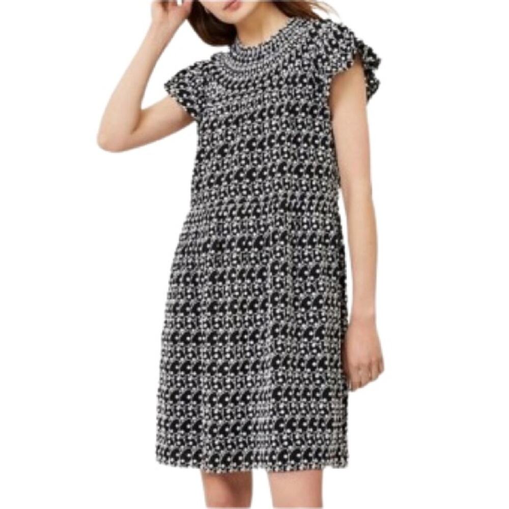 Loft Dress Black White Eyelet Embroidered Smocked Yoke Ruffle Sleeve Size LP NEW